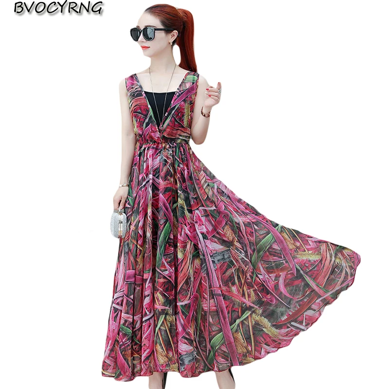 

New Print Long Party Dress For Women Fashion Casual dress 2 pieces Chiffon Dresses High end Bohemian Beach Holiday Dress Female