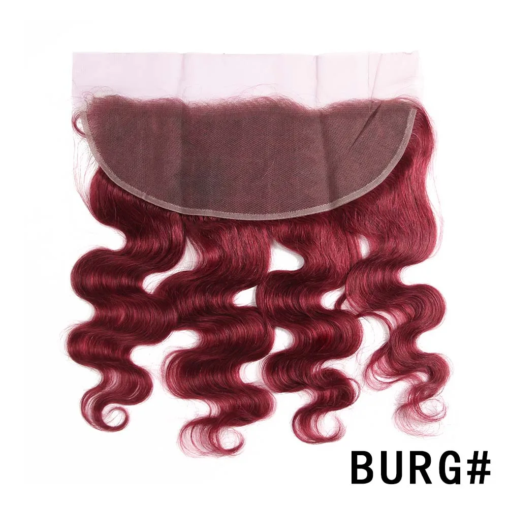 Коричневый цвет уха до уха Кружева Фронтальная с Детские волосы kemy Hair бразильские Волнистые Кружева Фронтальная Закрытие 13*4 не Реми человеческие волосы - Цвет волос: Burg