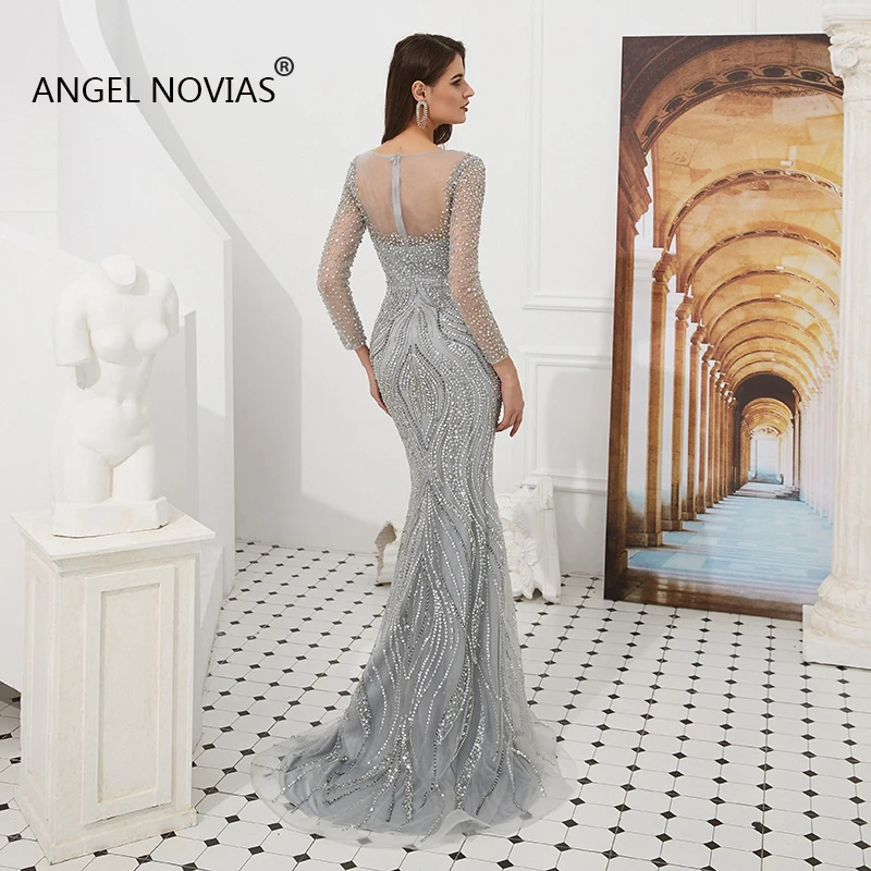ANGEL NOVIAS/Роскошные Серебристые вечерние платья с длинными рукавами в стиле Русалочки Abendkleider, вечерние платья с кристаллами и бусинами
