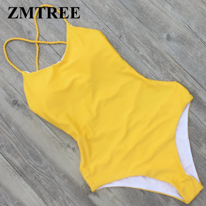 ZMTREE желтый однотонный купальник женский цельный с открытой спиной монокини