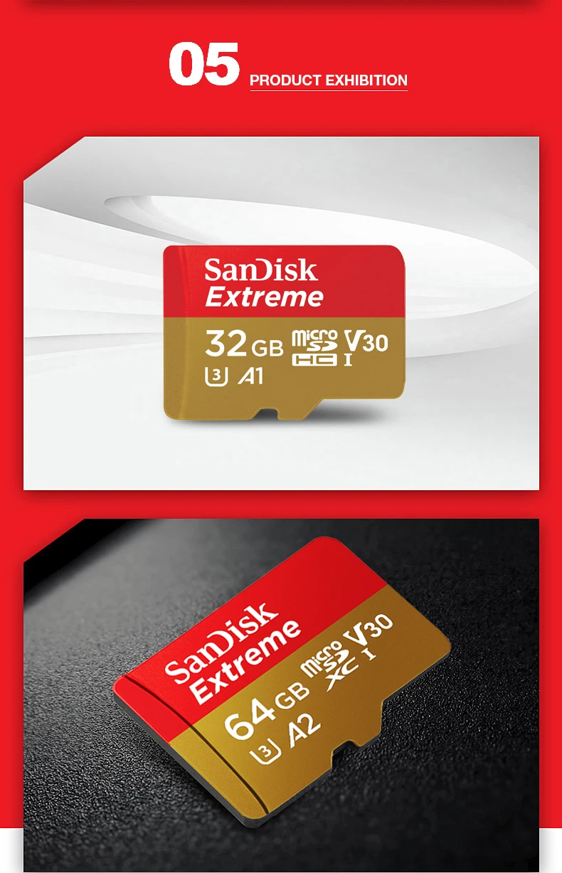 Двойной Флеш-накопитель SanDisk Extreme карты памяти 64 Гб оперативной памяти, 32 Гб встроенной памяти, microSDHC/micro SDXC UHS-I микро SD карты U3 читать Скорость до 100 МБ/с. TF карты V30 в формате 4K UHD