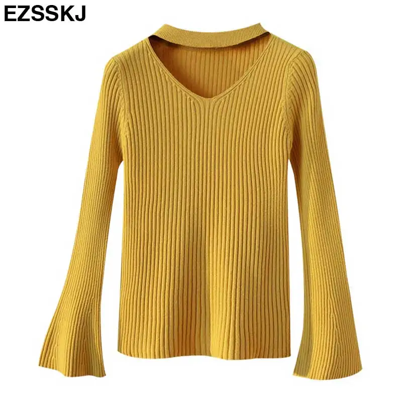 fashion halter knitted sweater women Autumn winter pullover female tops Slim v neck black jumper casual pull femme flare sleeve | Женская