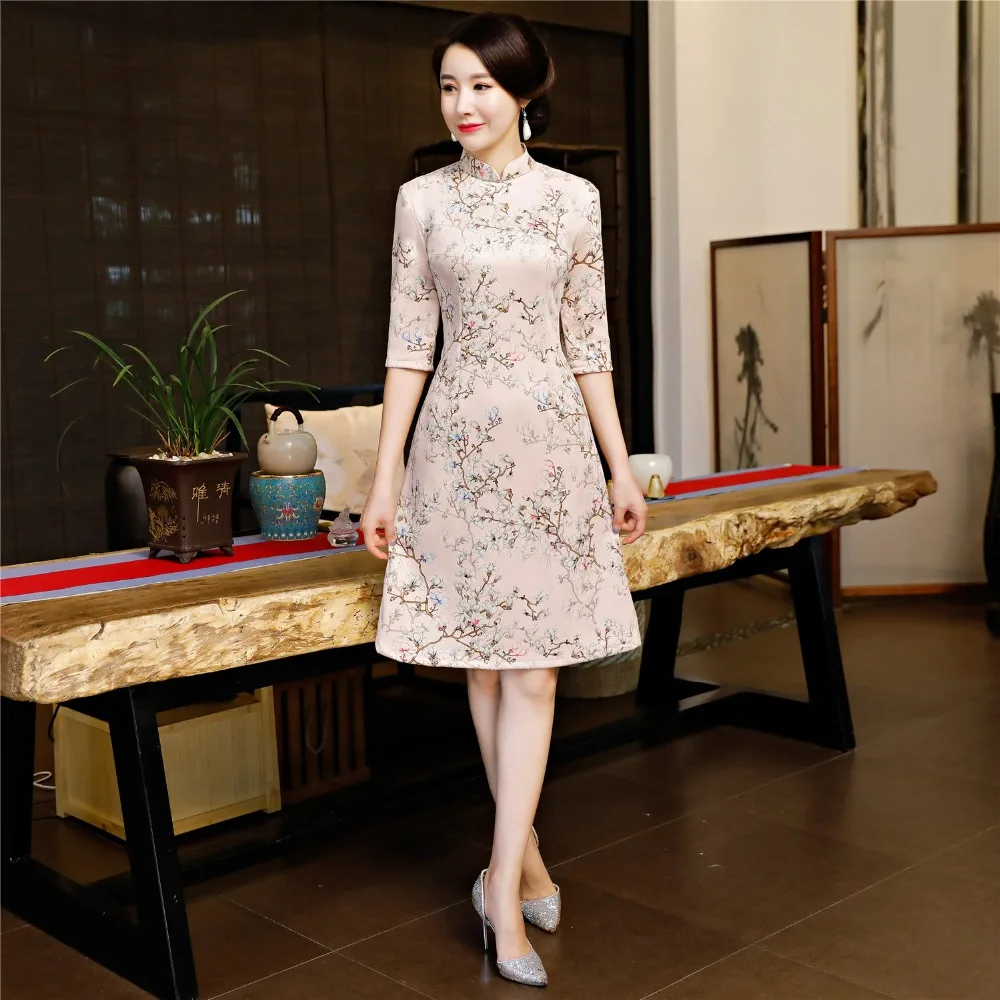 Шанхай история цветочный принт замшевое китайское платье 3/4 рукав Qipao