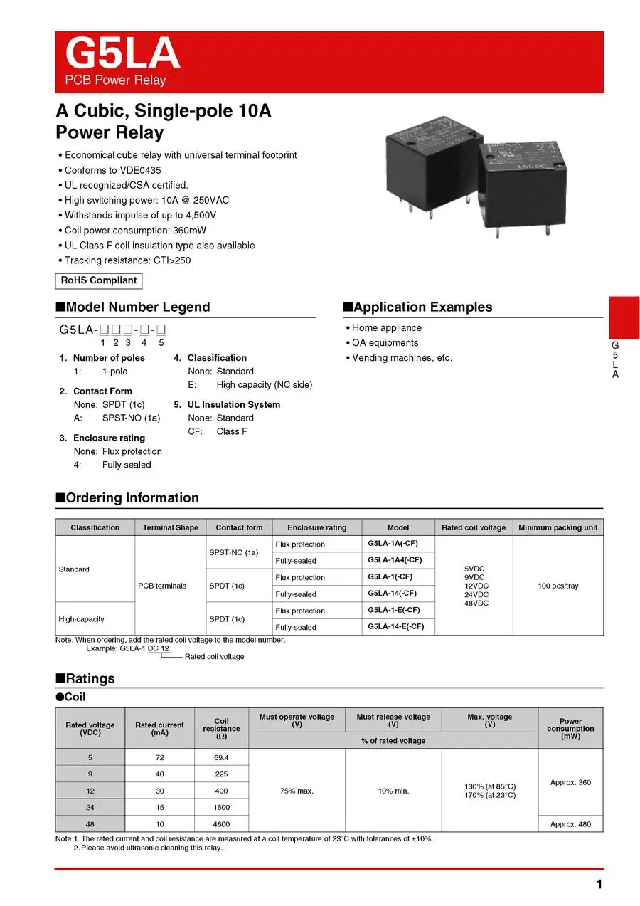 

( 20 pcs/lot SPDT 10A Power Relay, G5LA-14 24VDC, PCB Mount
