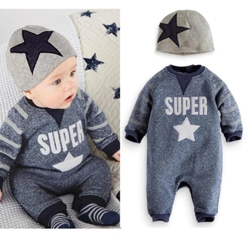 New Baby Boy Romper Newborn Clothes Cute Super Star Cotton(Rompers+Hat)Bebe Children Toddlers Rompers 1set HB035 |