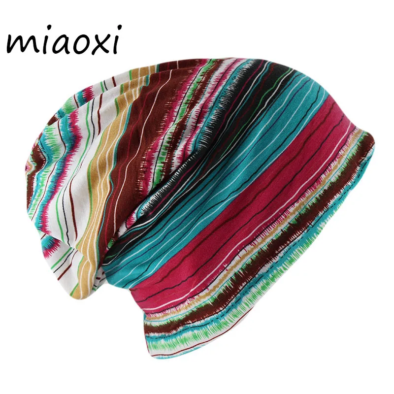 Miaoxi для взрослых женщин полосатые Зимние шапки Skullies два используется Повседневный Шарф шапка шапки для женщин хлопковые шапки осень весна шапки капот