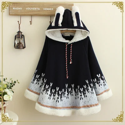thick navy blue Женское осенне-зимнее пальто в японском стиле Mori Girl с милыми заячьими ушками, свободная накидка с капюшоном, хлопковая Повседневная Верхняя одежда - Цвет: thick navy blue