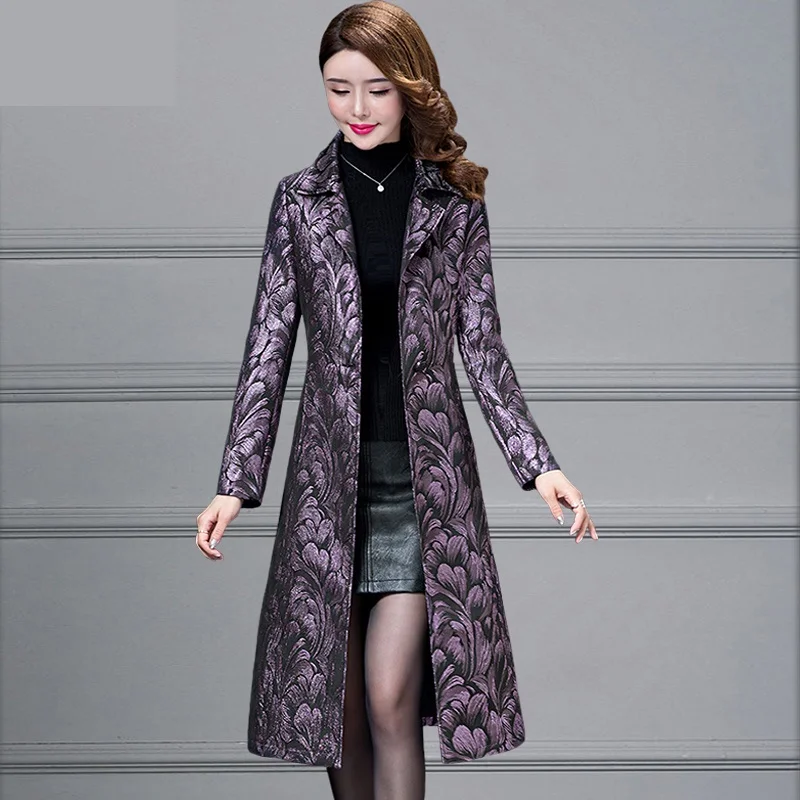 

Long sleeve printing trench coats 2019 spring coat women New Large size women trench coats middle aged clothing Long coats 2083