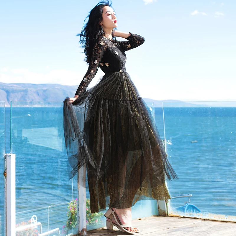 HAMALIEL черное кружевное лоскутное Сетчатое богемное пляжное летнее платье 2018