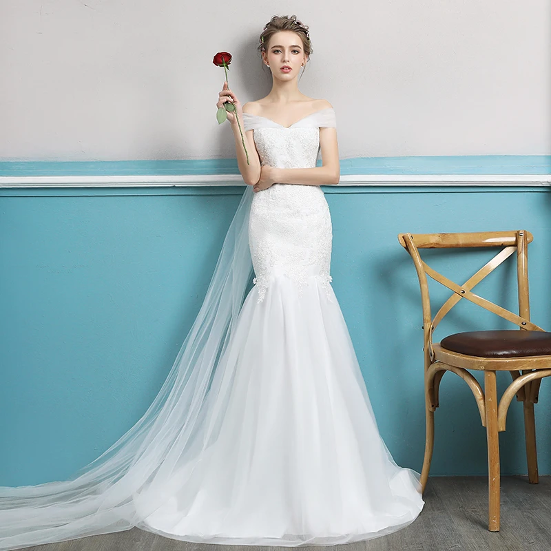 

Simple Tulle Strapless Beading Lace Vestidos De Noiva Off The Shoulder Pleats Mermaid Maxi Wedding Dresses Robe De Marriage