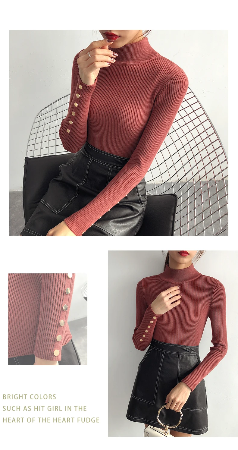 OHCLOTHING модный полукорейский весенний свитер с пуговицами и рукавами женские топы Женский вязаный Модный пуловер с высоким воротом