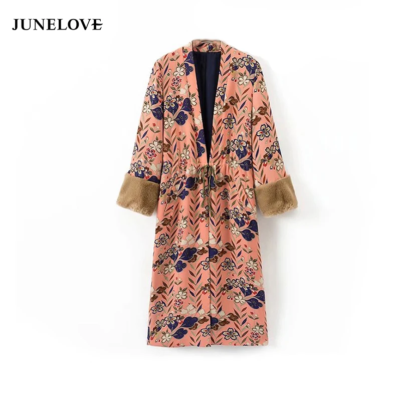 JuneLove 2018 Autumn Long Coat Women Floral Print Sashes Casual Fashion Faux Fur Patchwork Sleeve Outwears Tops | Женская одежда