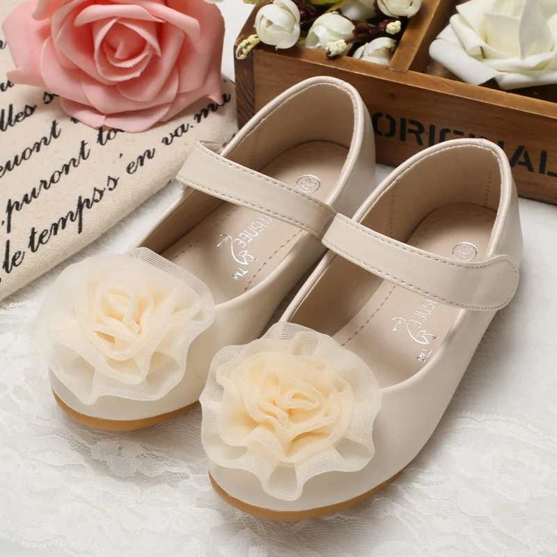 

2017 New Children soft leather shoes fation rose flower princess girls single shoes party dress dance shoes for baby girls flats