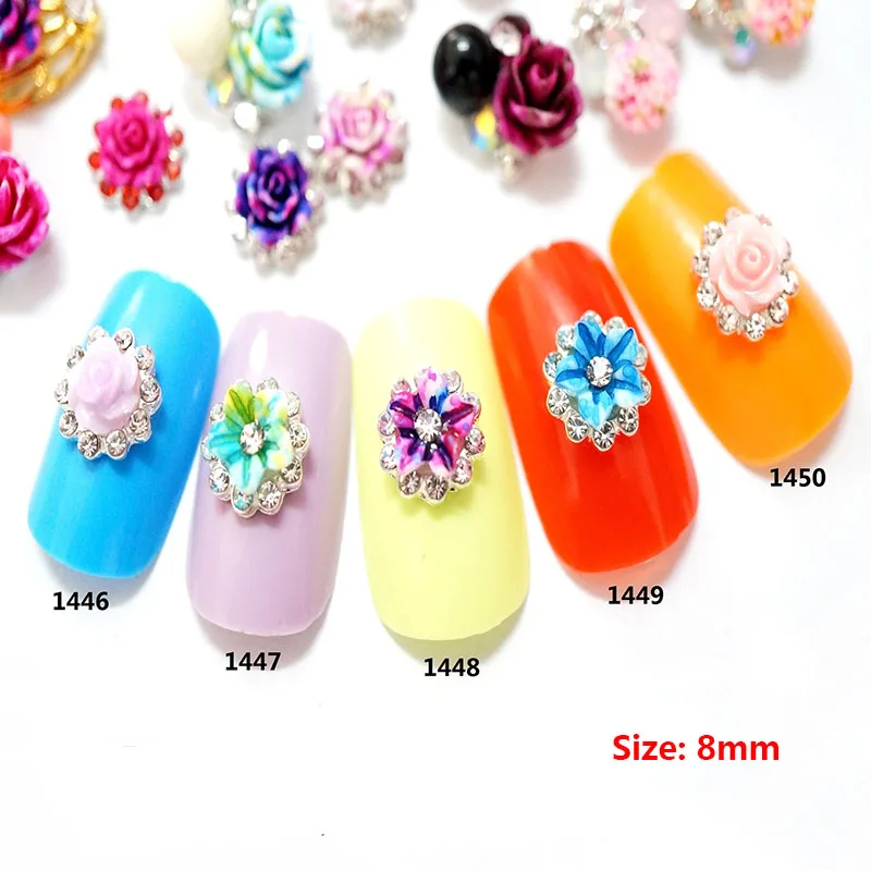 

100pcs/bag Super Top Quality Metal Nail Crystal 3d Colorful Resin Dyed Flowers Nail Art 2018 Nail Jewelry New Arrive