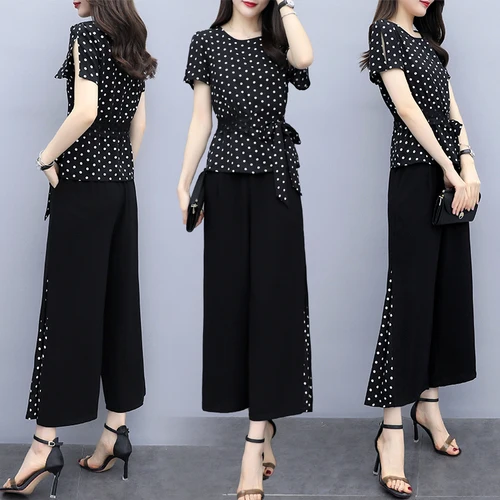 

Plus Size 4xl Women's Summer Suit Polka Dot Two Piece Set Top&pants Set Ensemble Femme Deux Pieces Conjunto Feminino Woman Suit
