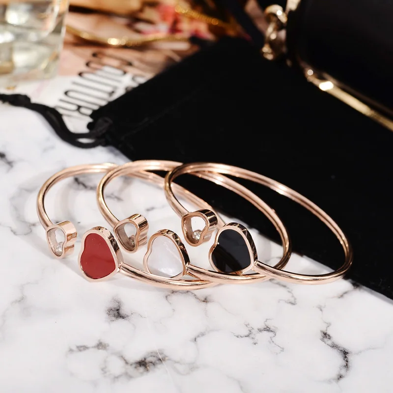 

YUN RUO Fashion Jewelry Rose Gold Color Luxury Red White Heart Bangle Lover Cuff 316 L Stainless Steel Woman Not Fade 2020 Hot
