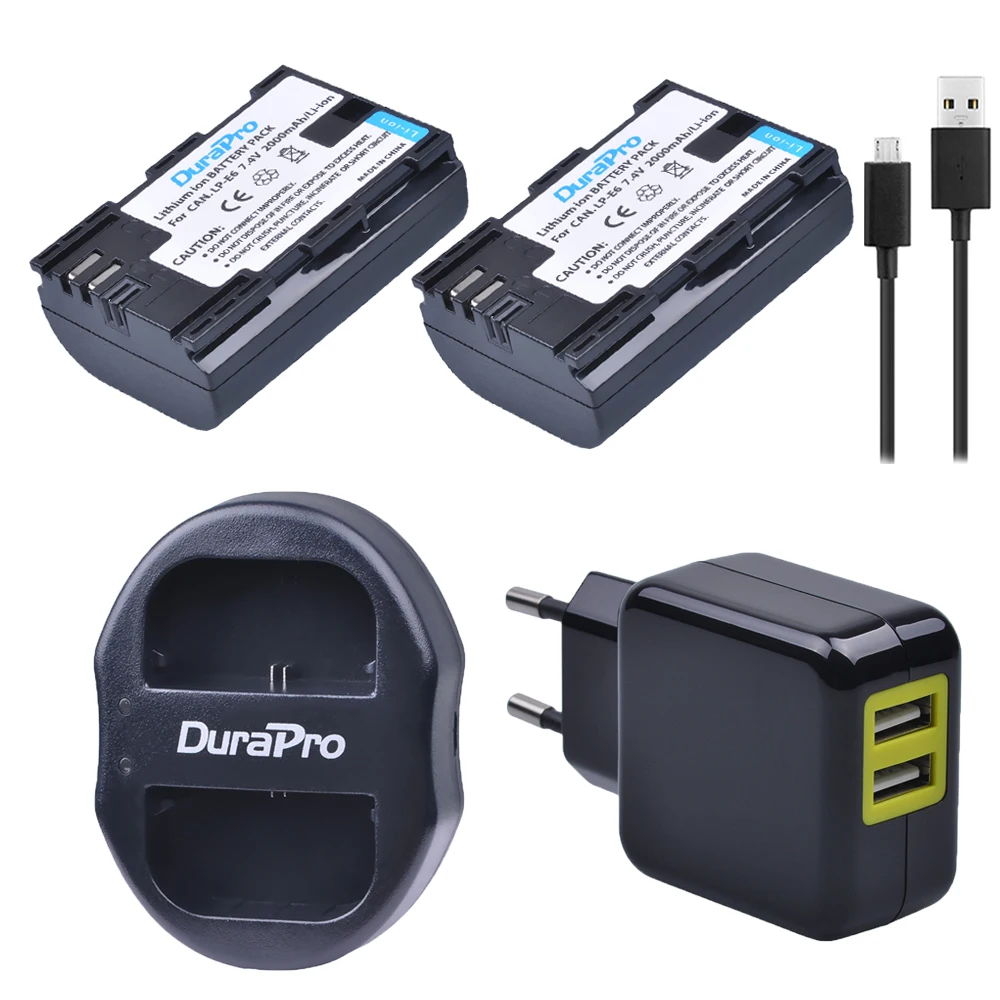 DuraPro 2 шт. LP E6 E6N LPE6 2000 мАч Аккумулятор для камеры + USB двойное зарядное устройство