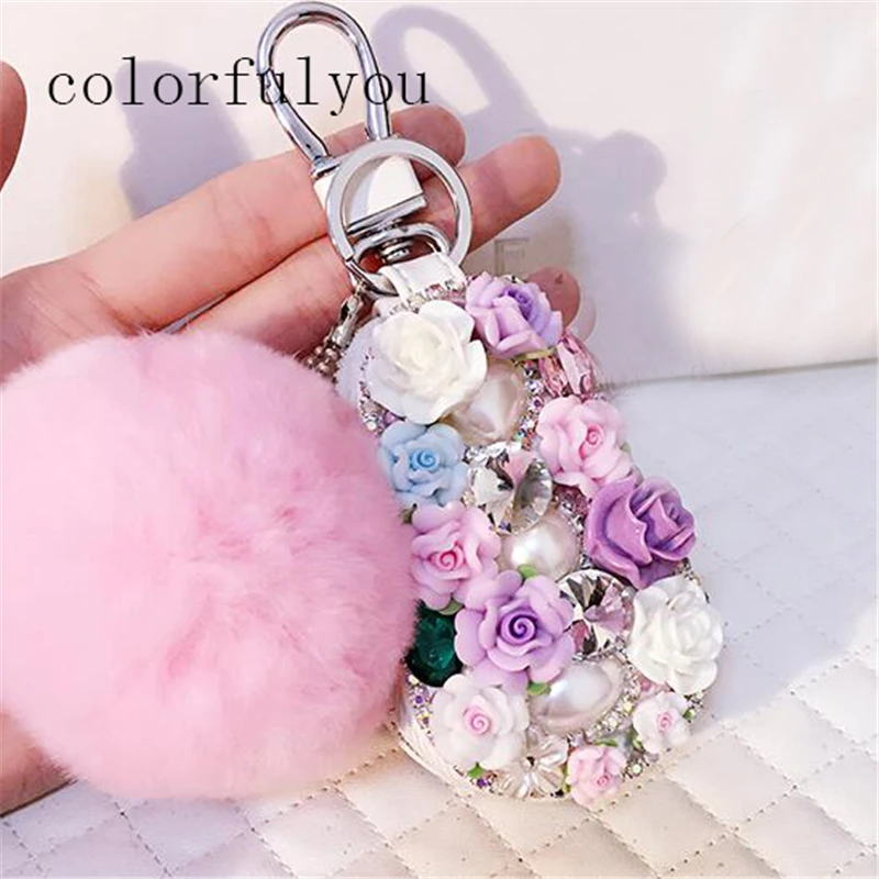 

Genuine Leather Key Wallets Diamonds Flowers Pattern Car Keychain With Fluff ball Key Organizer Housekeeper Covers Zipper 2019