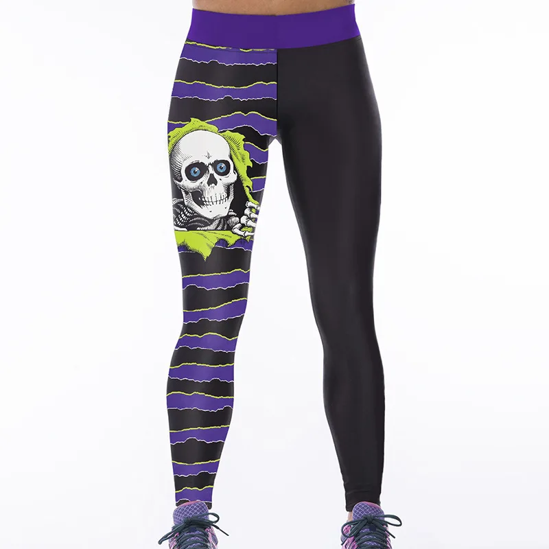 

Women Skull Purple Striped High Waist Fitness Workout Cheerleader Rooter Pants Hiphop Party Elastic Fiber Unisex Trousers