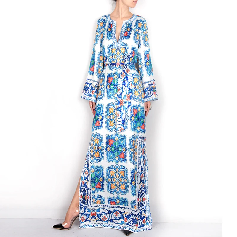 EUROV 2018 New Arrival Sprng Women Dress Holiday Star Porcelain Beach Slit V-neck Beading Floor Length Dresses | Женская одежда