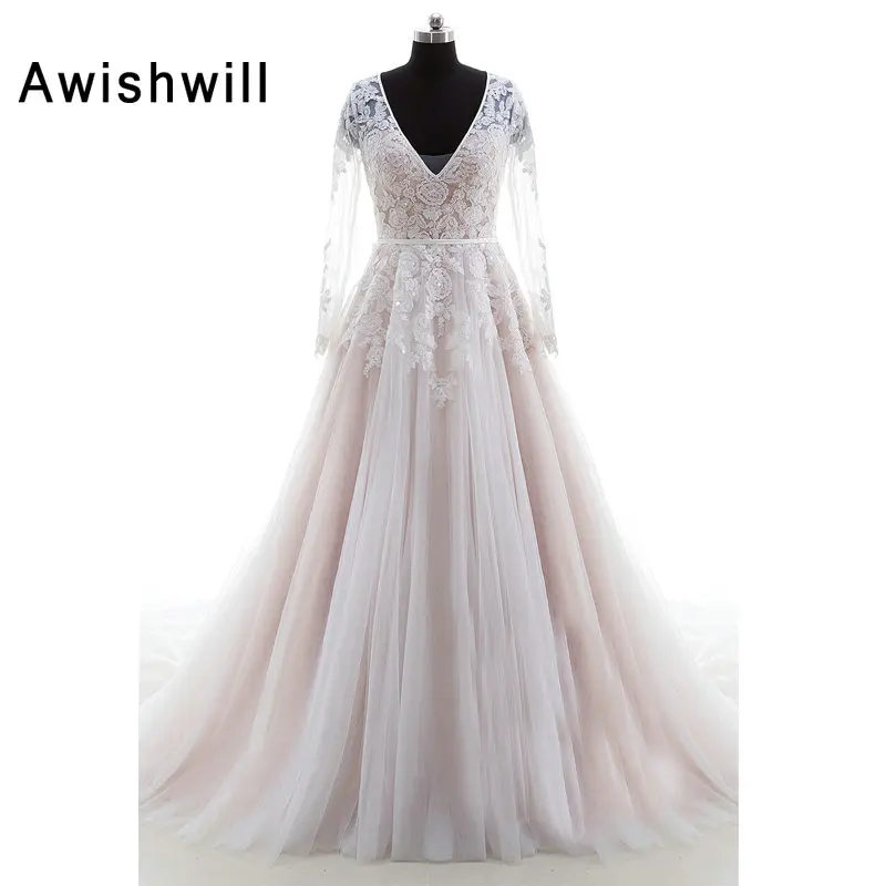 

Newly Open Back Long Sleeves Wedding Dresses V-Neckline Vestido Noiva Appliqued Sweep Train Wedding Gown Wedding Dress