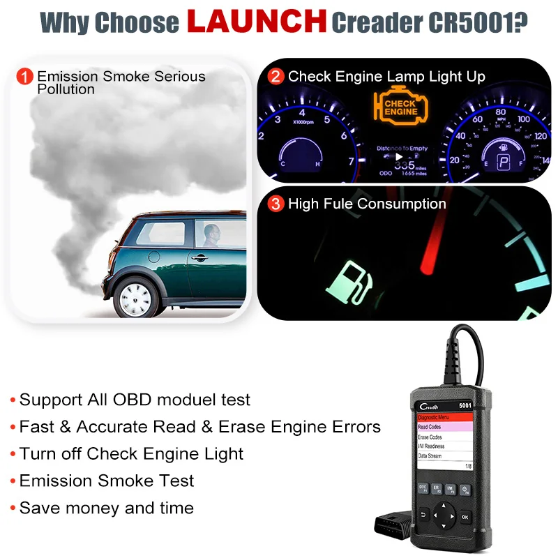 Диагностический инструмент Launch CR5001 Автомобильный сканер считыватель кодов O2