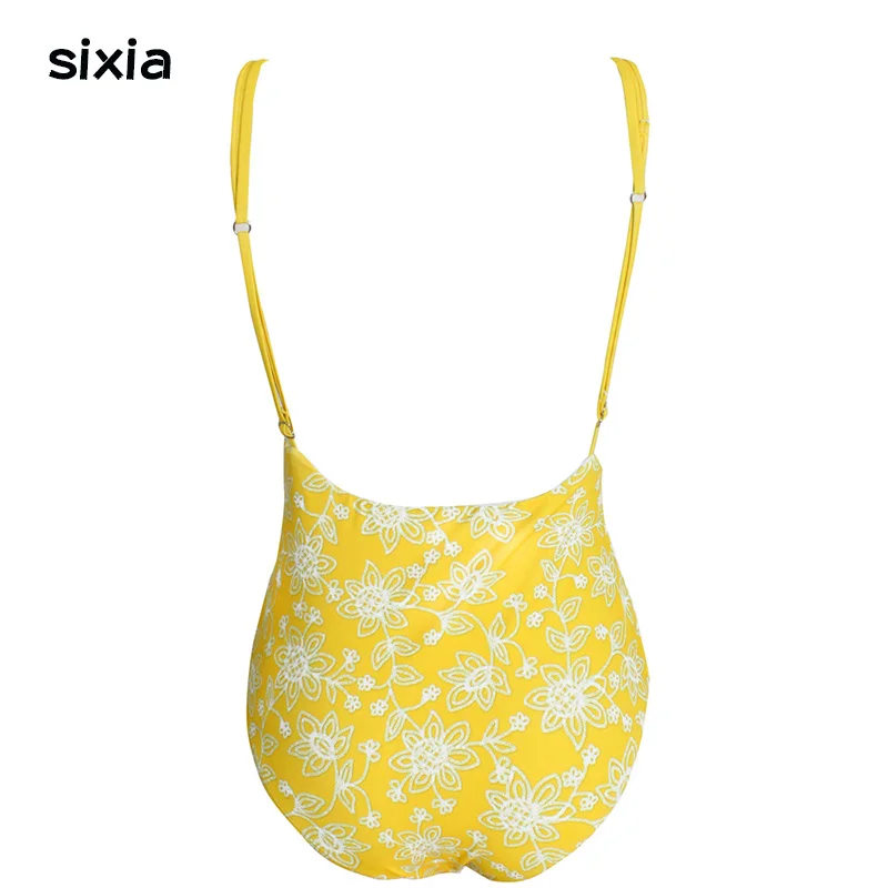 Пикантные желтые цветочный цельный купальник Push Up Bandeau Купальники женские 2018