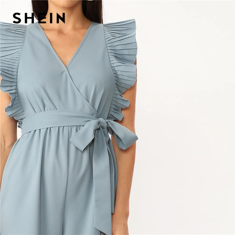 SHEIN Элегантный Комбинезон С Широкими Брюками И Поясом Офисные Женские Однотонные Комбинезоны С Оборкой