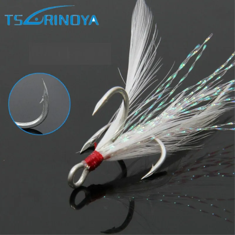 

TSURINOYA 5Pcs 10# 8# 6# 4# High Carbon Steel Barbed Blood Groove Treble Fish Hook with White Feather Winter Fishing Tackle Tool