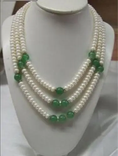 

Fashion charming 3 Row 7-8mm white pearl green chalcedony round beads necklace for women 17-19inch jewelry making BV16