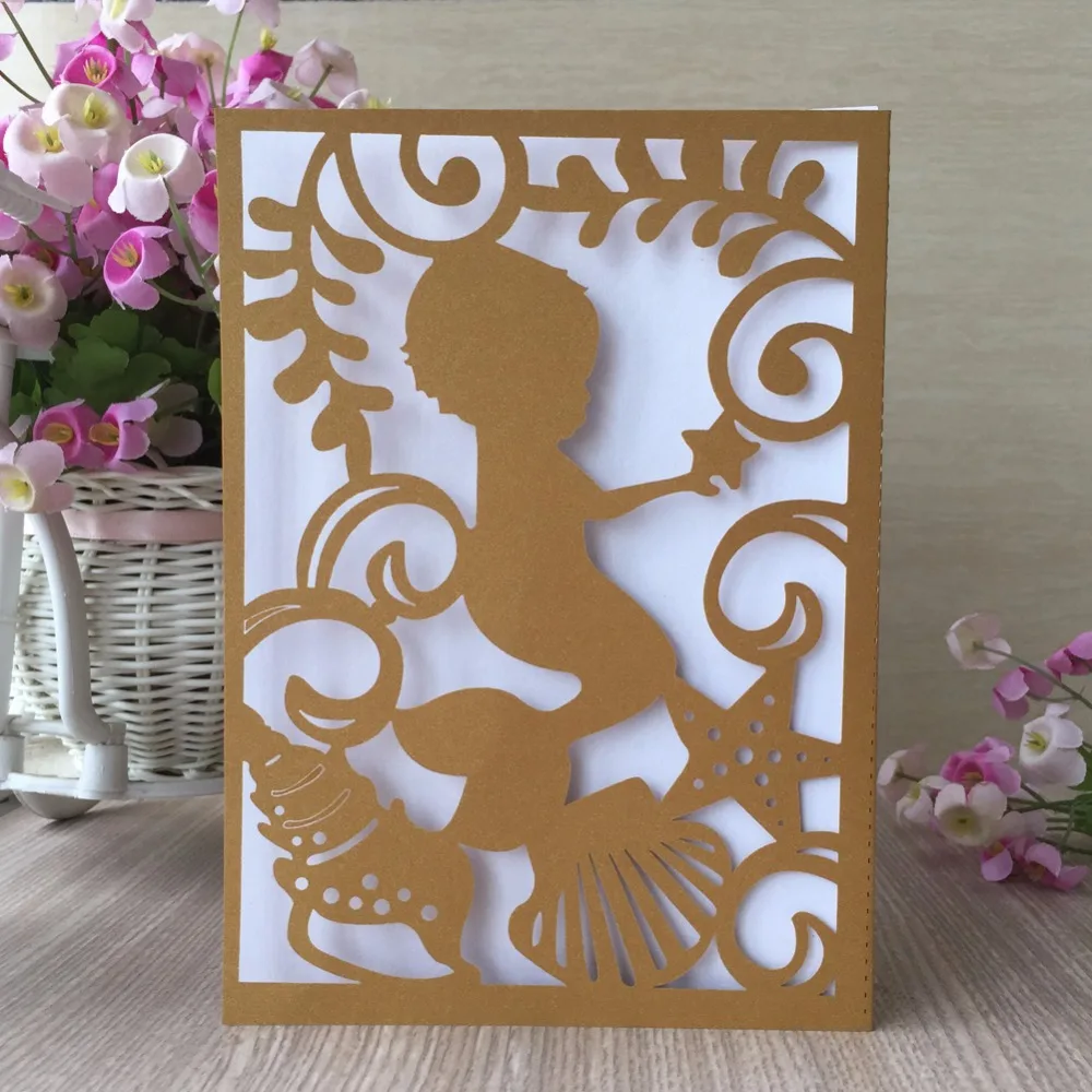 

50pcs/lot Cute Baby Boy Mermaid Invitation Card Use For Wedding Gender Reveal Baby Shower Christening & Baptism Birthday Events