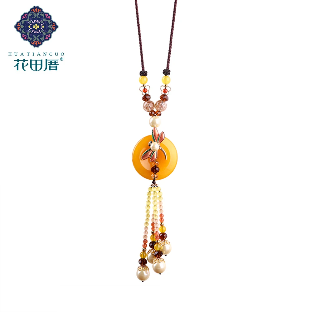 

Ethnic Handmade Tassel Pendant Drop Necklace Yellow Round J ade Shell Stone Bead Imitation Opal Rope Chain WomanJewelry CL-17128