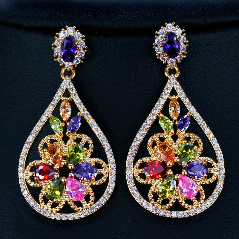 

Fashion Antique Water Drop Multicolor Zircon Crystal Silver Plated Argent Dangle Earring For Women M02-E0225