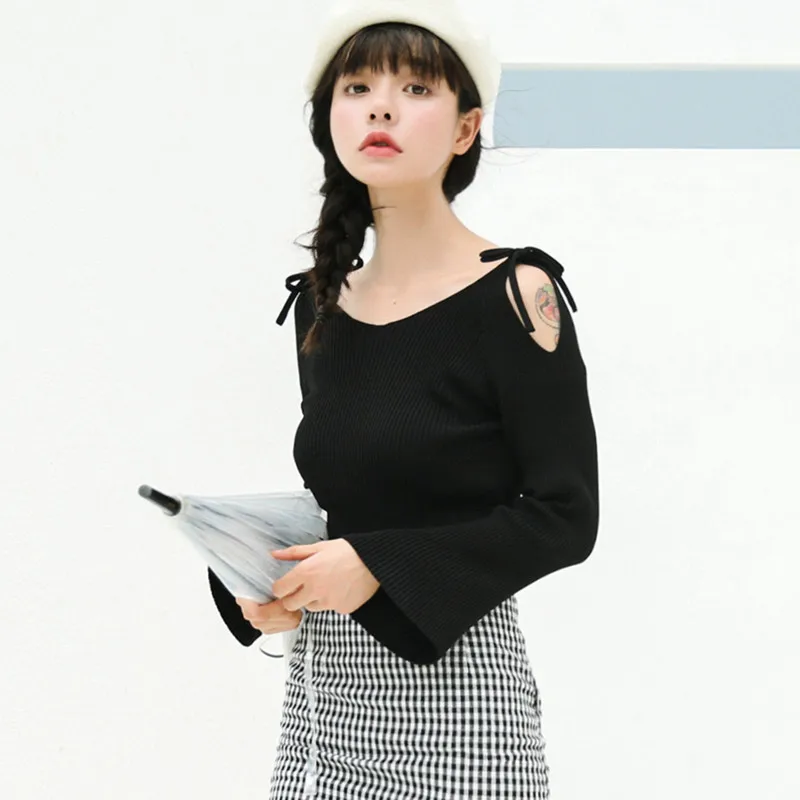 Женские свитера Kawaii Ulzzang Осень Новый с открытыми плечами свитер ремешками