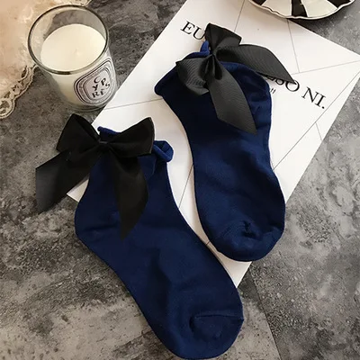 NavyBlack Женские носки, хлопковые, японские, с большим бантом, одноцветные, Kerst Sokken, женские короткие милые носки, calcetines mujer, женские, x27s, рождественские носки - Цвет: NavyBlack