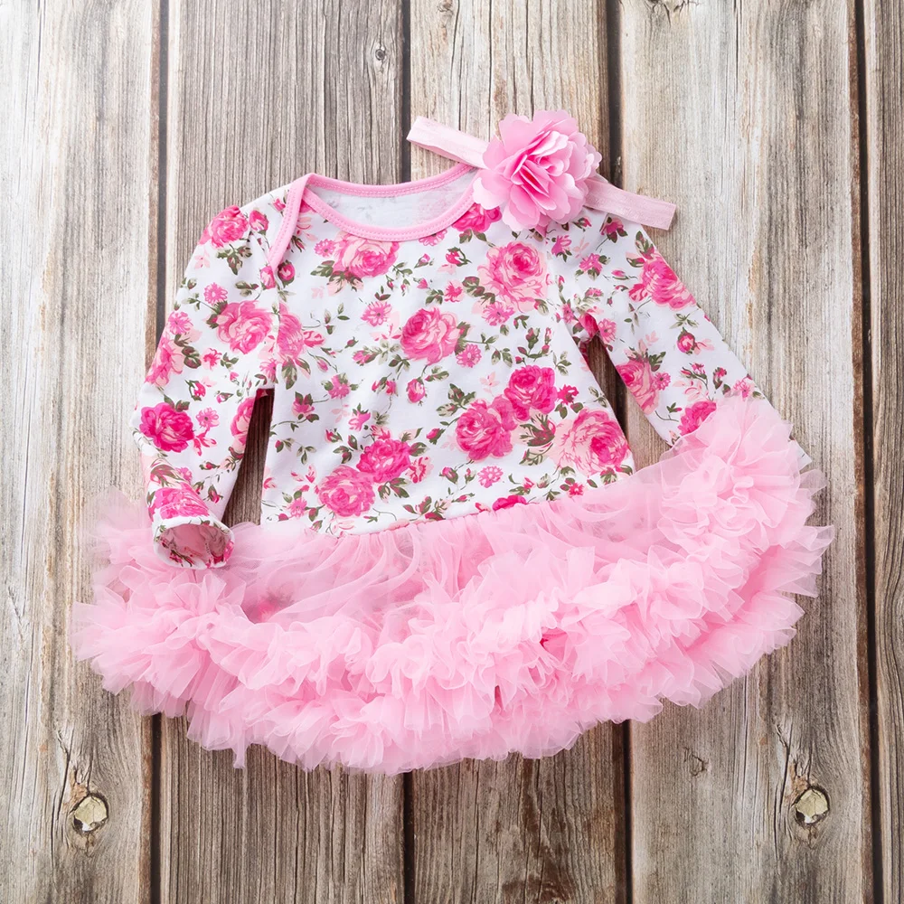 2019 new Baby Newborn Pink Dress Girls Rompers Long Sleeve Cotton Ruffle Jumpsuit Girl Clothes 2pcs set | Детская одежда и обувь
