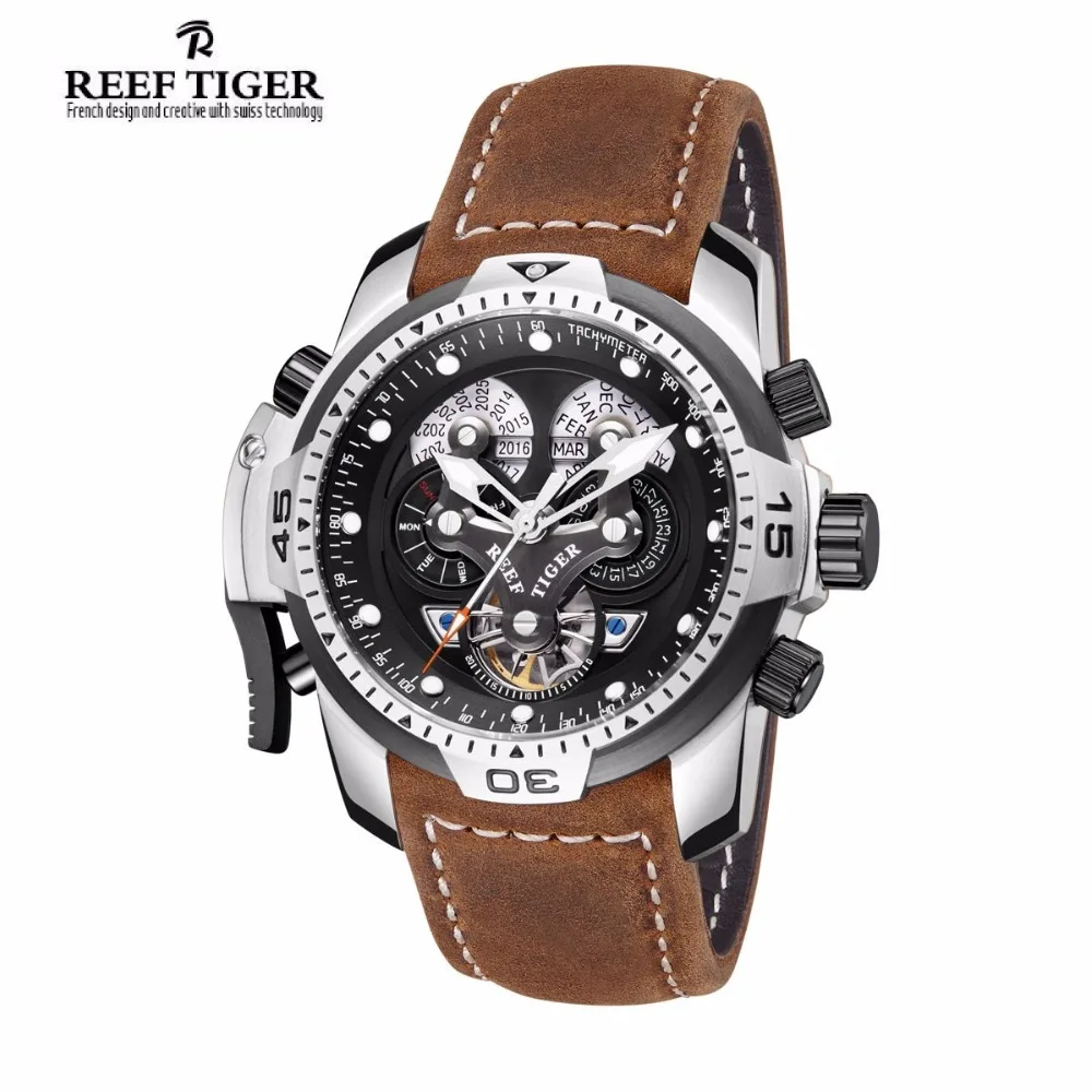 Роскошные Брендовые спортивные часы Reef Tiger с турбийоном, с календарем, датой, водонепроницаемые, 100 м, кожаные механические мужские часы, мужские часы