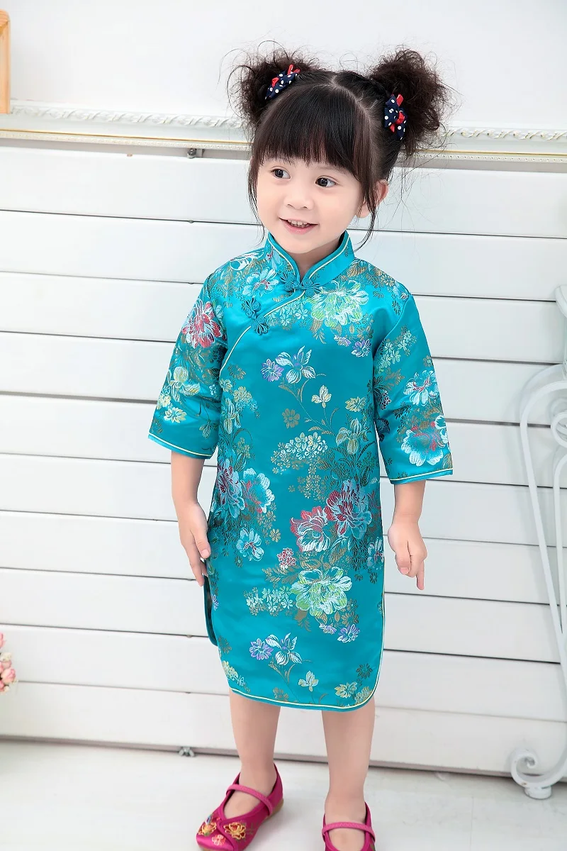 

2021 Kid Girl Summer Dresses Three Quarter Clothing Traditional Chinese Style Cheongsams Qipao 14Designs For Choose