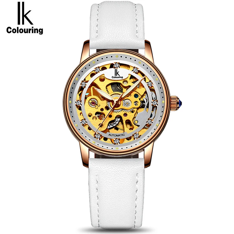 Женские Автоматические механические часы IK белые розовые золотые с ремешком из