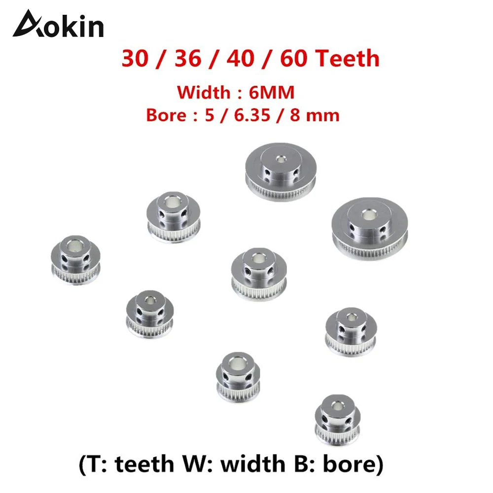 Зубчатые шкивы AOKIN GT2, 30 36 40 60 зуб 2GT, детали для колеса, диаметр отверстия 5 мм 8 мм, алюминиевые зубья шестерни, ширина 6 мм 10 мм, детали для 3D при...