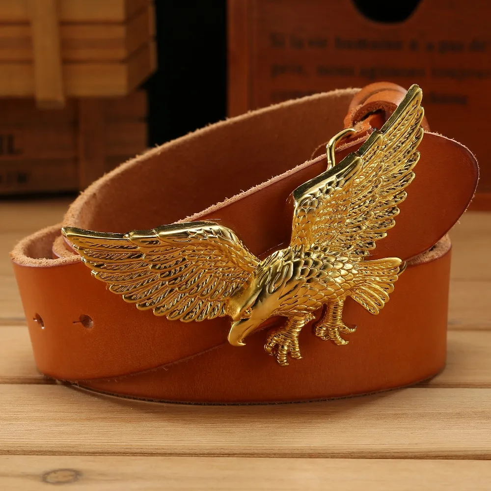 Ремень мужской из натуральной воловьей кожи с золотой пряжкой и орлом винтажный