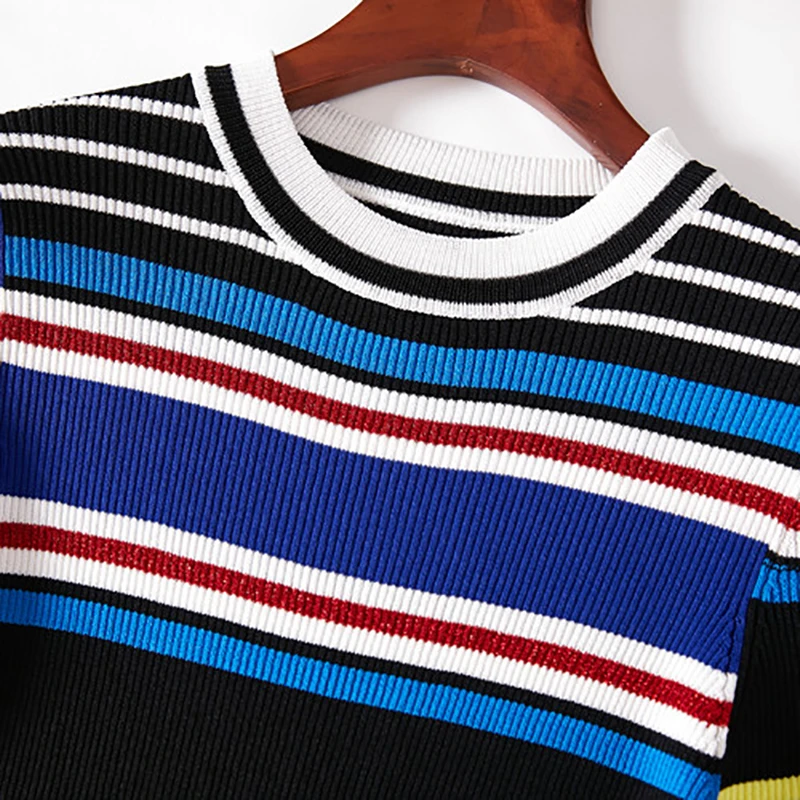 2018 Autumn Fashion Striped Knitted Women Sets High Quality Sweet Short Sleeve Pullover +Pleated Skirts Female Suits |