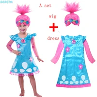 retail troll wig dress set children costumes for girls carnival kids costumes dress trolls clothes poppy party vestido de festa