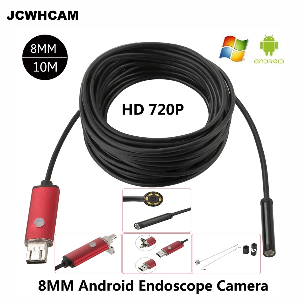 JCWHCAM 8 мм Len HD Android USB эндоскоп 10 м кабель 6 LED осмотр OTG бороскоп IP68 Водонепроницаемая