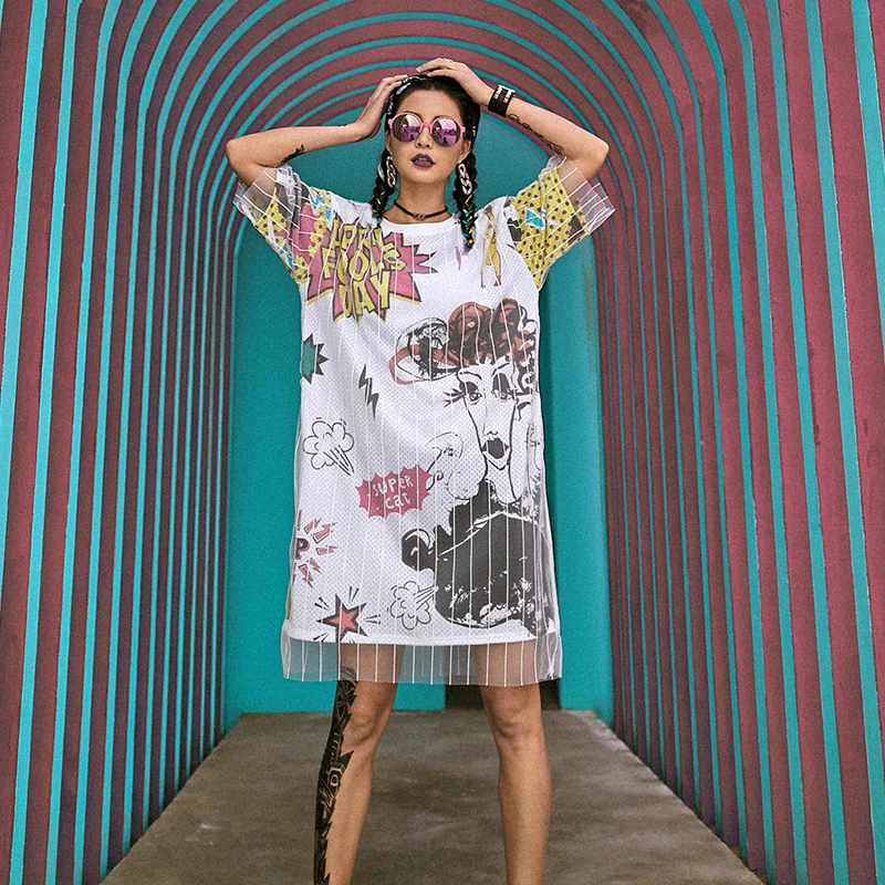

Hip Hop Costume Loose White Mesh Short Sleeve Dress Women Street Dancing Outfits Jazz Clothes Lady Modern Stage Show Wear DT892
