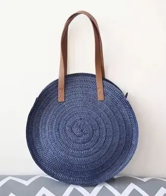 blue Винтажные повседневные круглые соломенные сумки для женщин из ротанга, плетеные женские сумки на плечо, Большая вместительная сумка-тоут, летняя пляжная сумка для путешествий - Цвет: blue