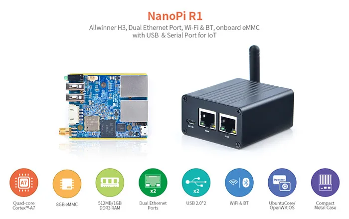 NanoPi R1 Allwinner H3 двойной Ethernet порт, Wifi и BT, встроенный eMMC с USB и последовательным портом для партии