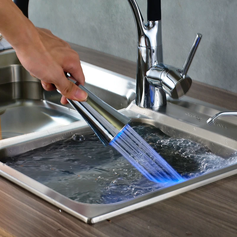 SHBSHAIMY Unique Design Chrome LED Kitchen Faucet Deck Mounted Pull Out Single Handle Hole Vessel Sink Mixer Tap Hot & Cold |
