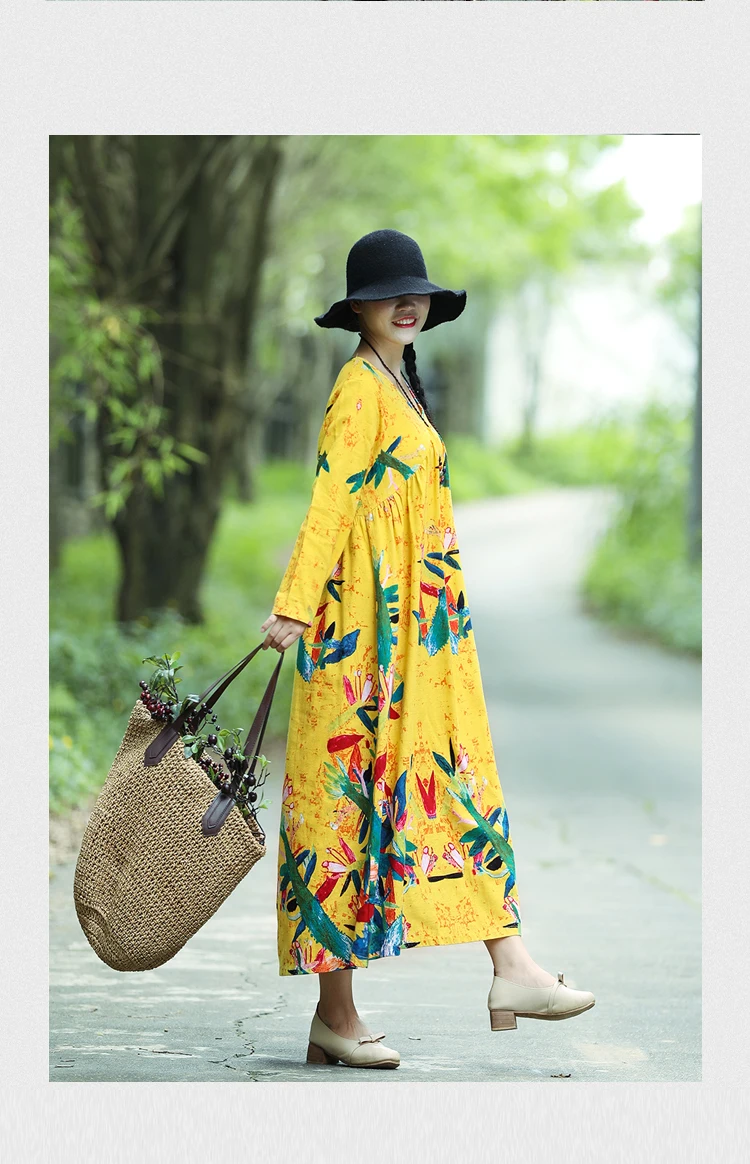Plus Size Women Vintage Dress Summer Autumn Sundress Cotton Linen Vestidos Lady Long Dresses Print Floral Loose Casual Dress