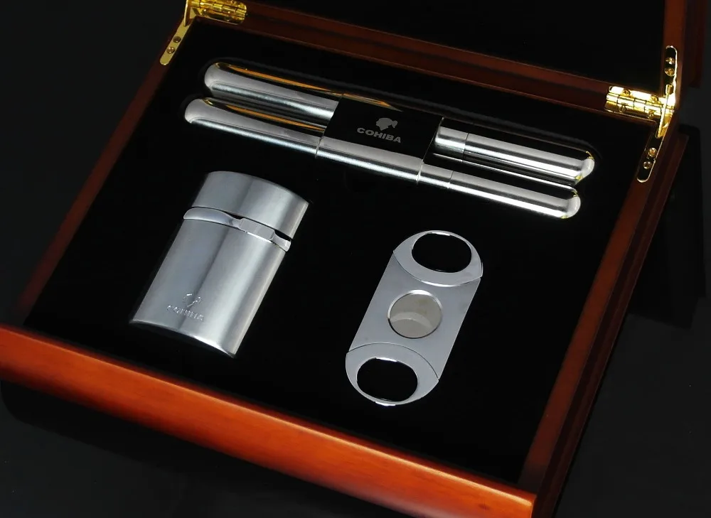 COHIBA Красный Сандал Вуд Сигары Хьюмидор Резак Зажигалка Набор Труб Вт/Подарочная